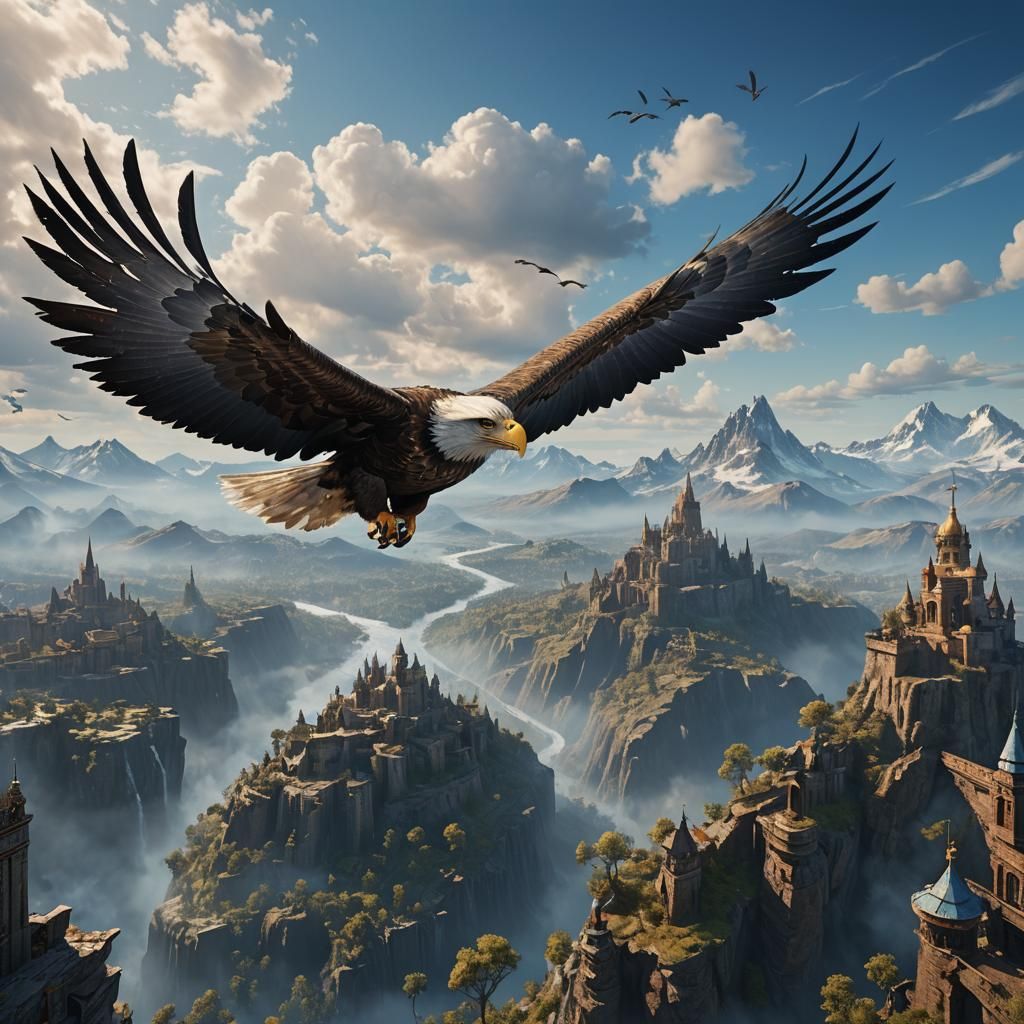 Eagle Soaring in Blue Sky: Detailed Matte Painting