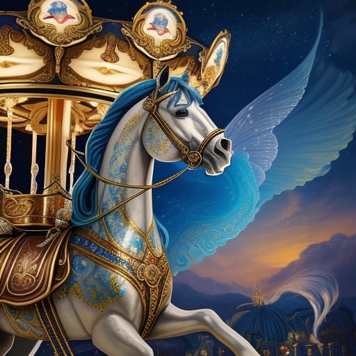 Enchanting Carousel Horse in Rococo Oil Painting Style