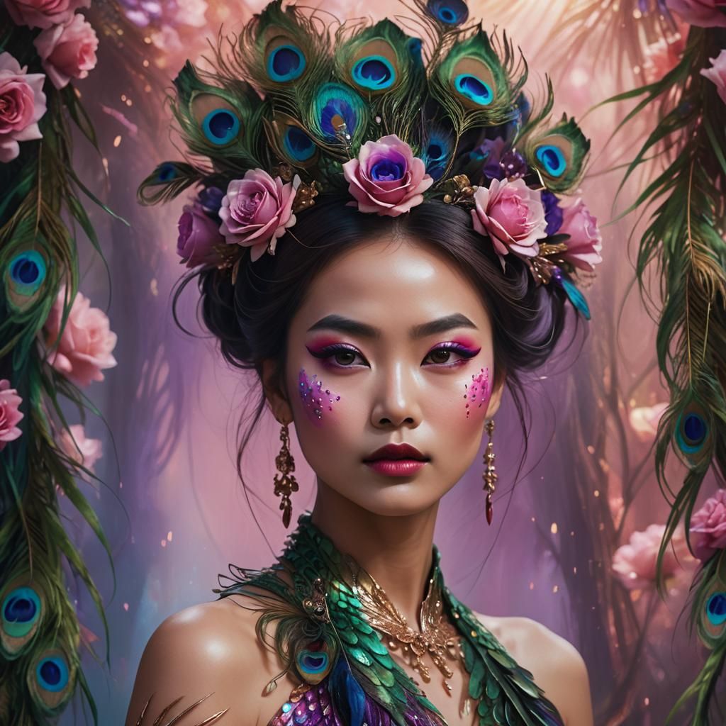 Asian Woman with Peacock Feathers in Digital Art