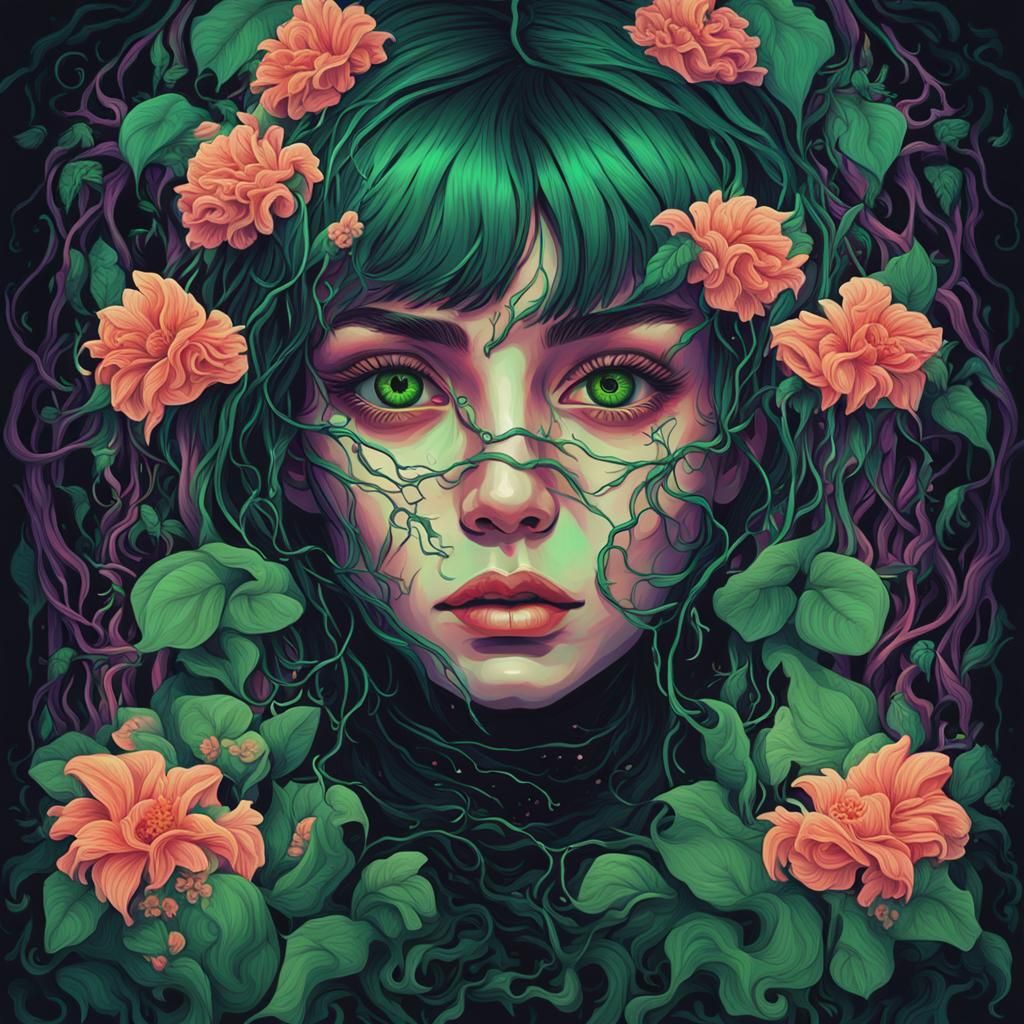 Ethereal Girl with Vines and Flowers: Synthwave Portrait