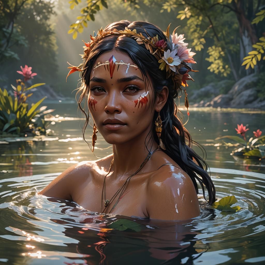 Native Woman Bathing in Lake: Hyperdetailed Portrait