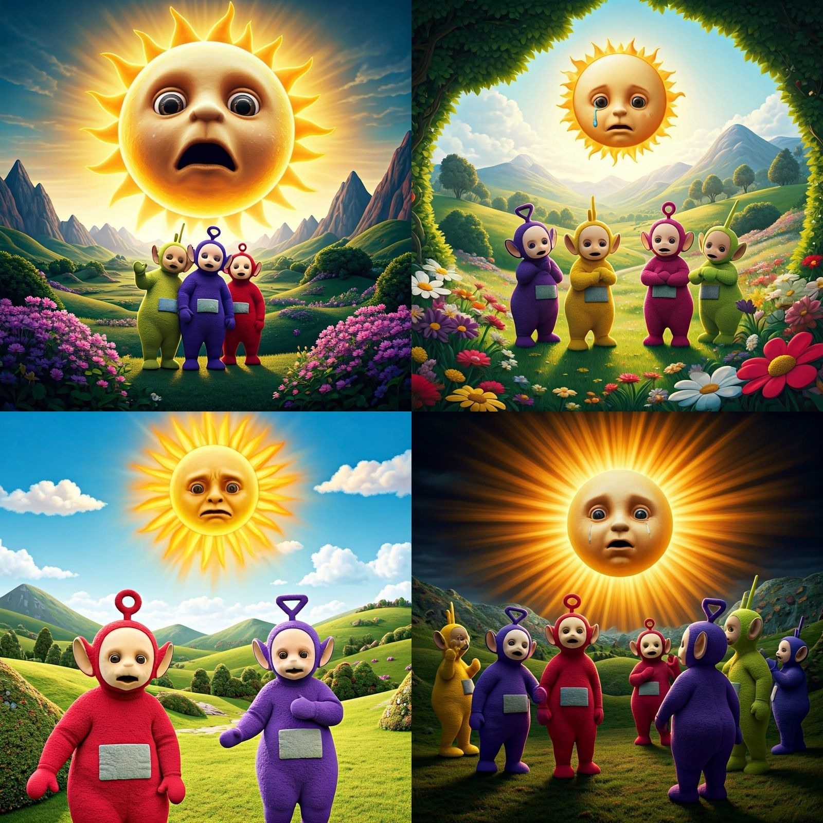 Teletubbies Shocked at Upset Baby-Faced Sun in Dark Fantasy