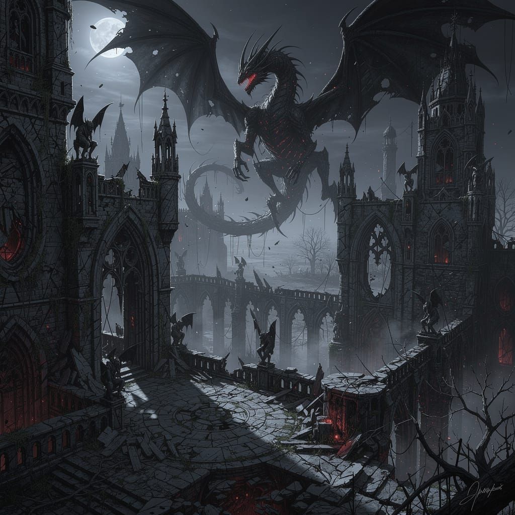 Shadow Dragon Over Ruined Castle at Midnight