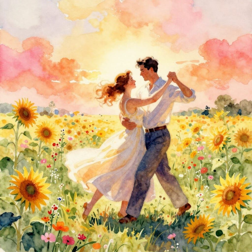 Couple Dancing in Wildflower Field Under Sunset Sky