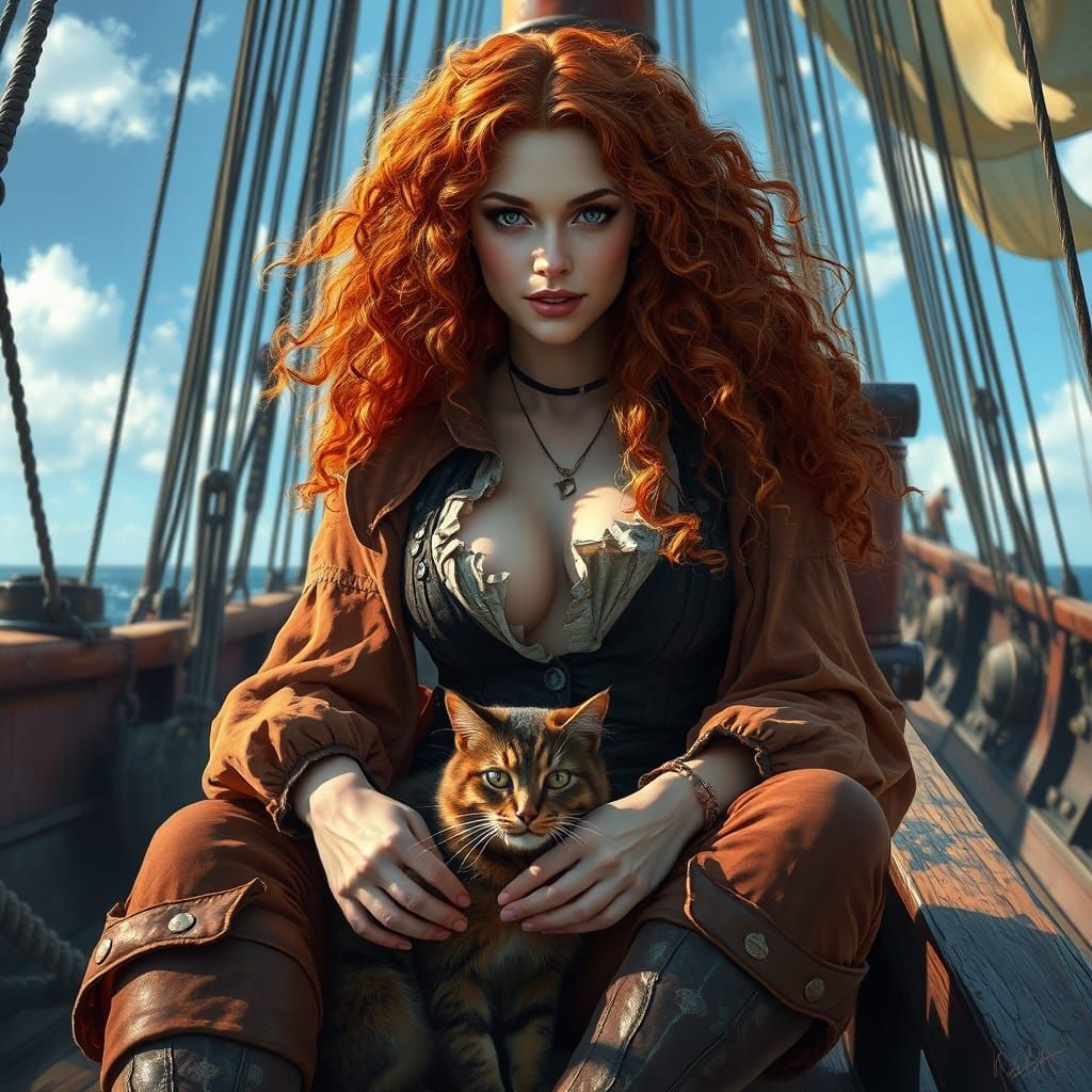 Pirate Woman with Cat on Clipper Ship