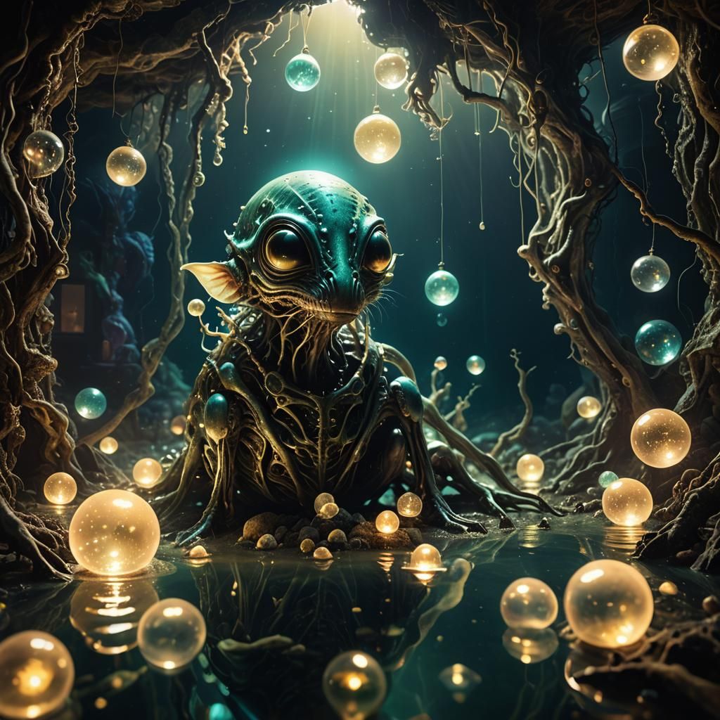 Alien Creature and Glowing Orbs in Bioluminescent Style