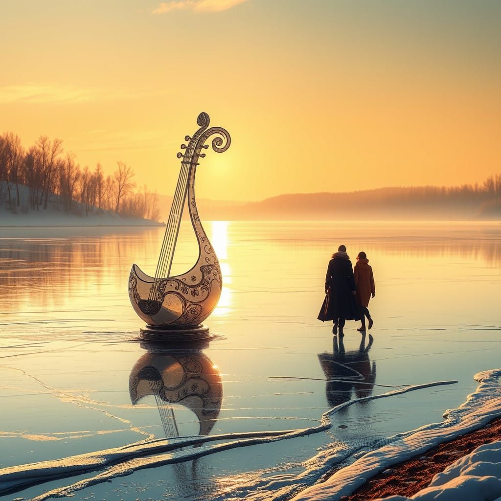 Winter Wonderland Scene with Silhouetted Lovers on Frozen La...