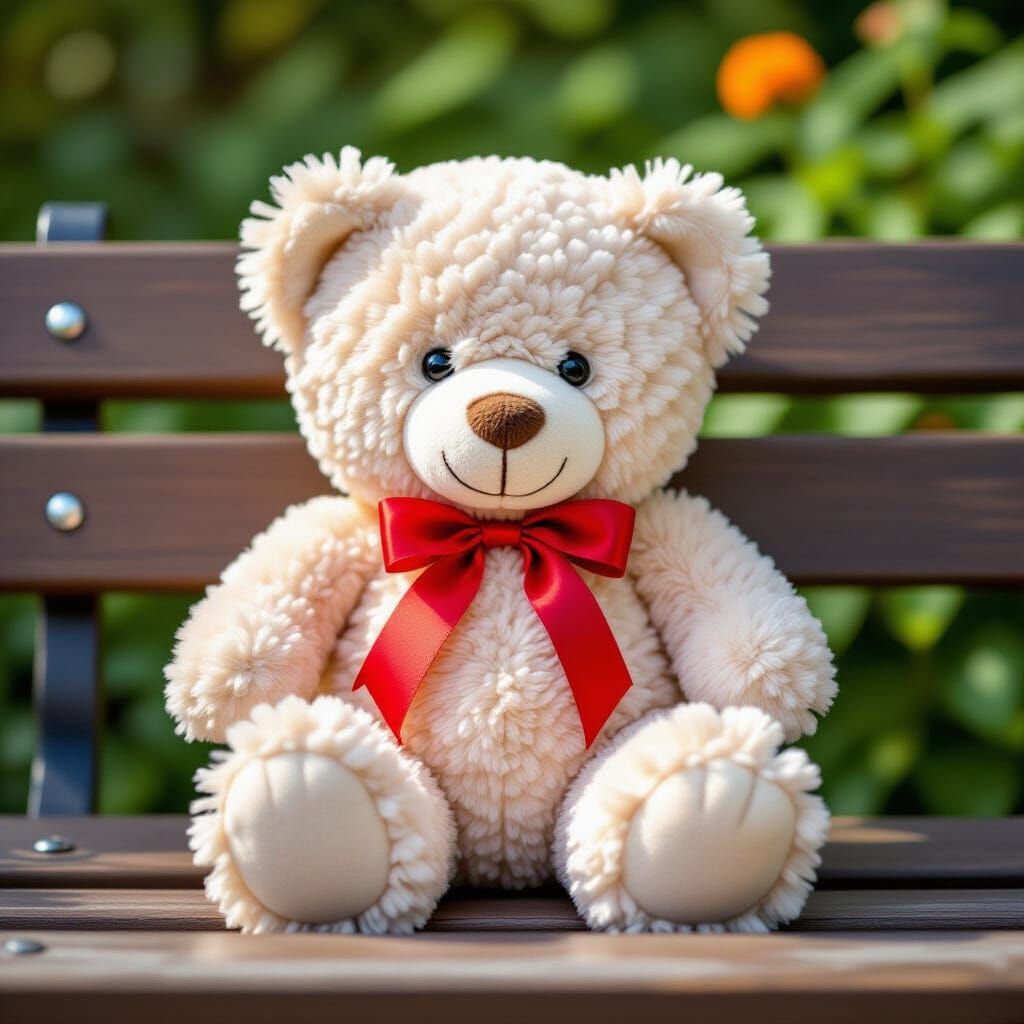 Pom-Pom Teddy Bear on Garden Bench