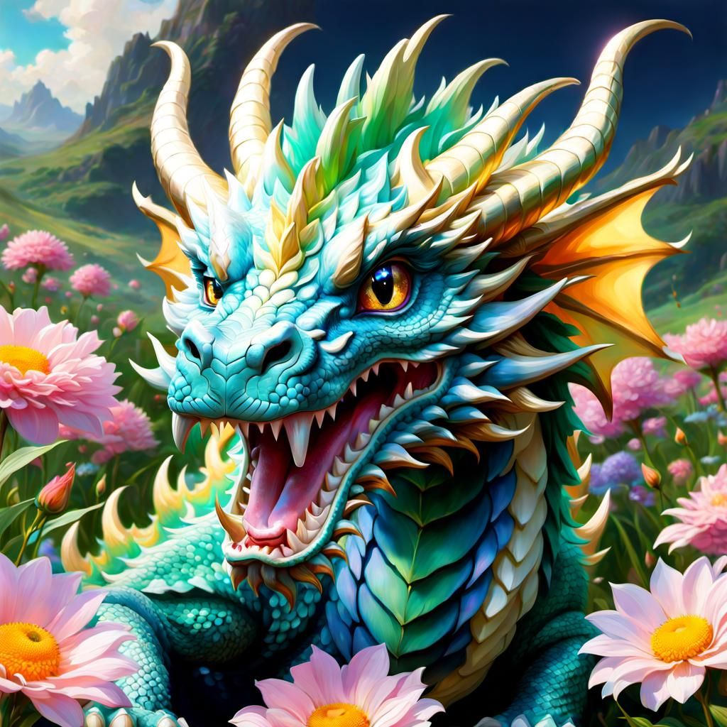Pastel Celestial Dragon Roaring in Flower Field