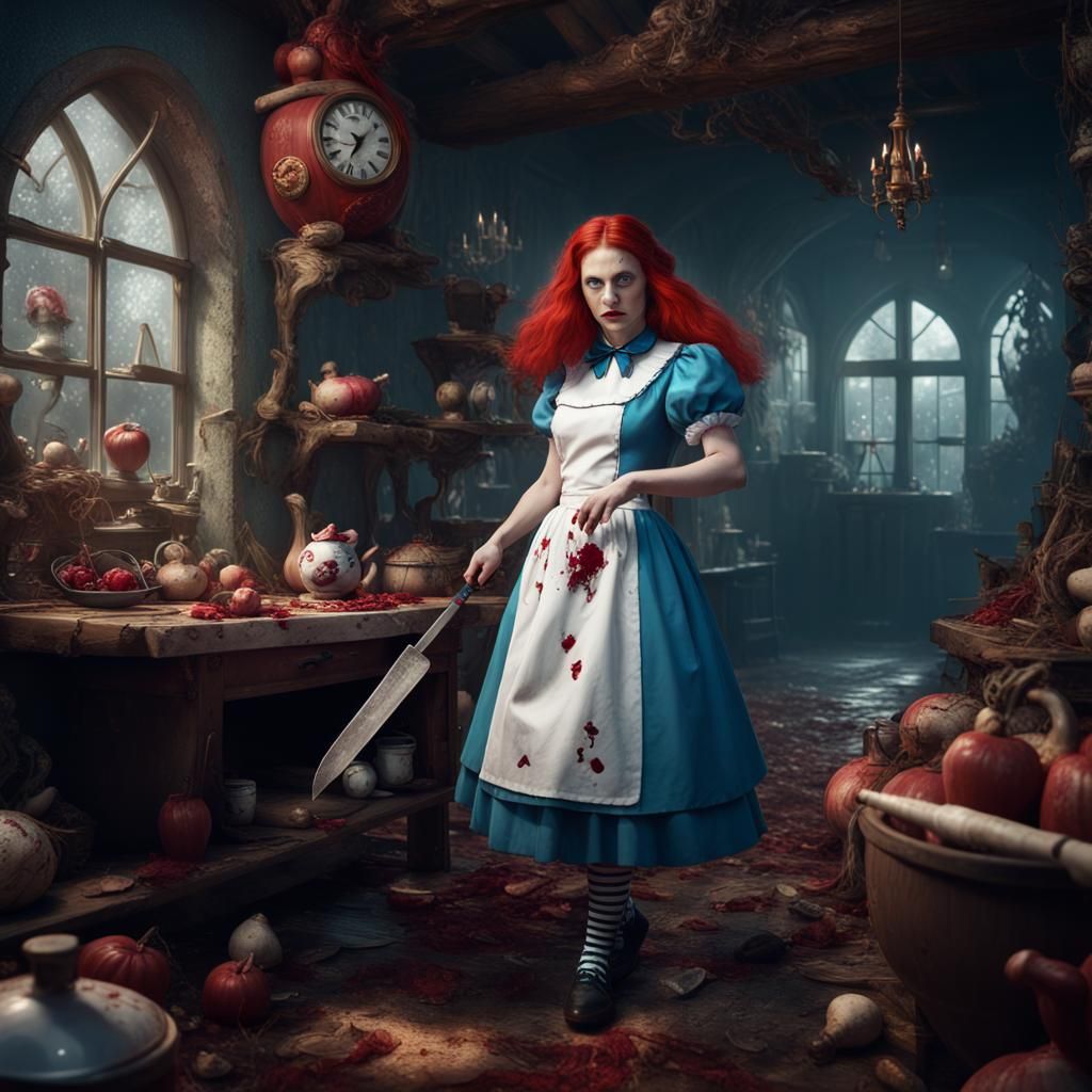 Redhead Alice in Wonderland with Butcher Knife
