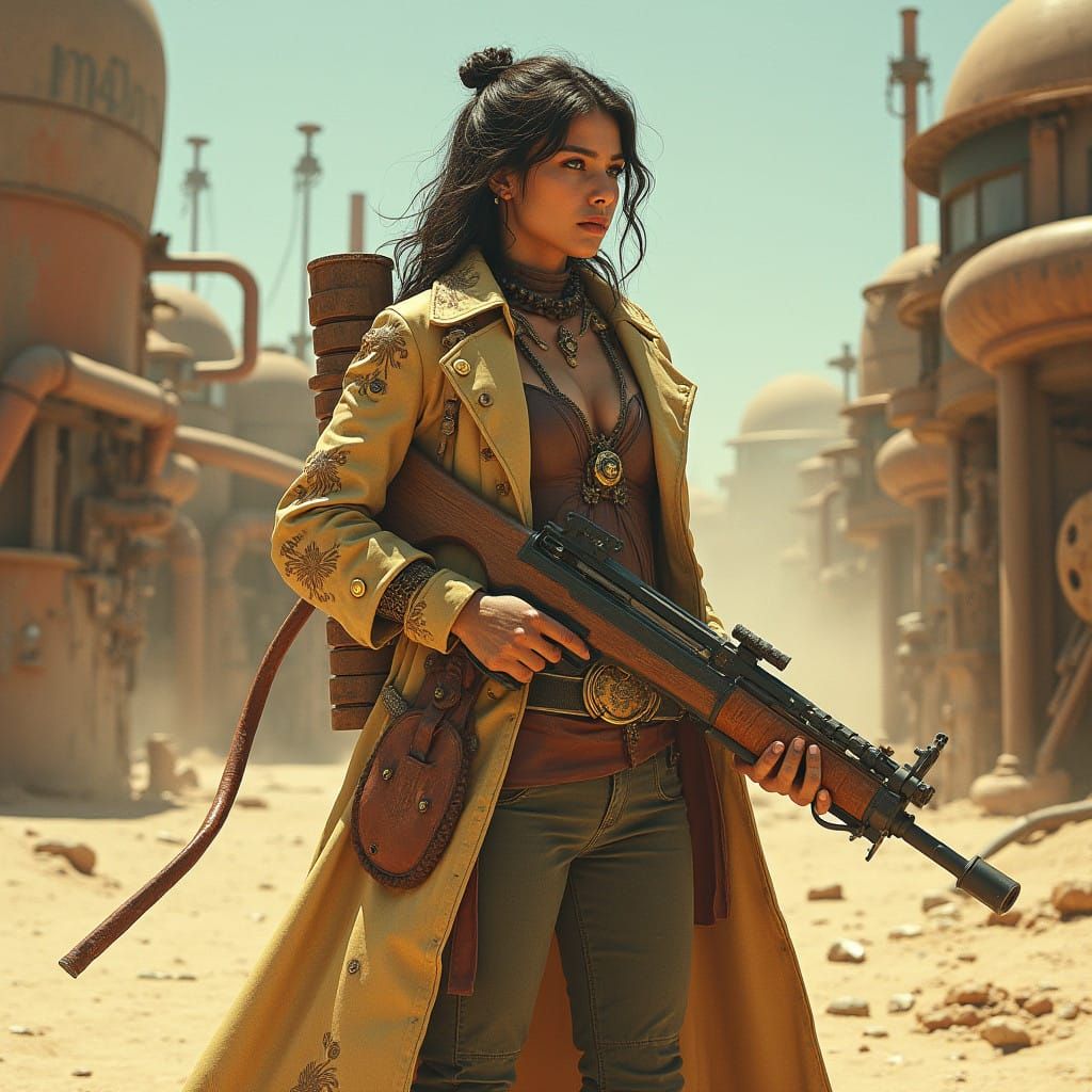 Retro-Futuristic Bounty Hunter in Dusty, Sun-Scorched Landsc...