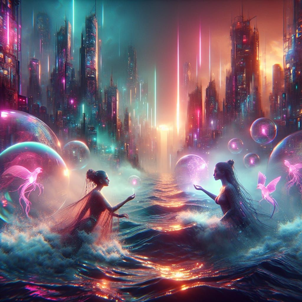 Underwater Cyberpunk City Battle in Romantic Style