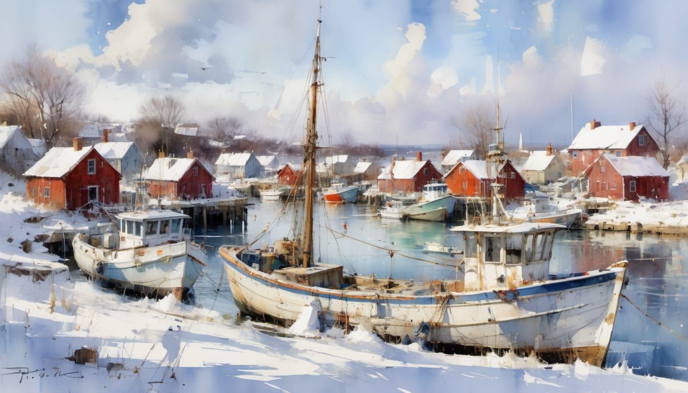 Sunny Winter Harbor With Old Fishing Boats Watercolor