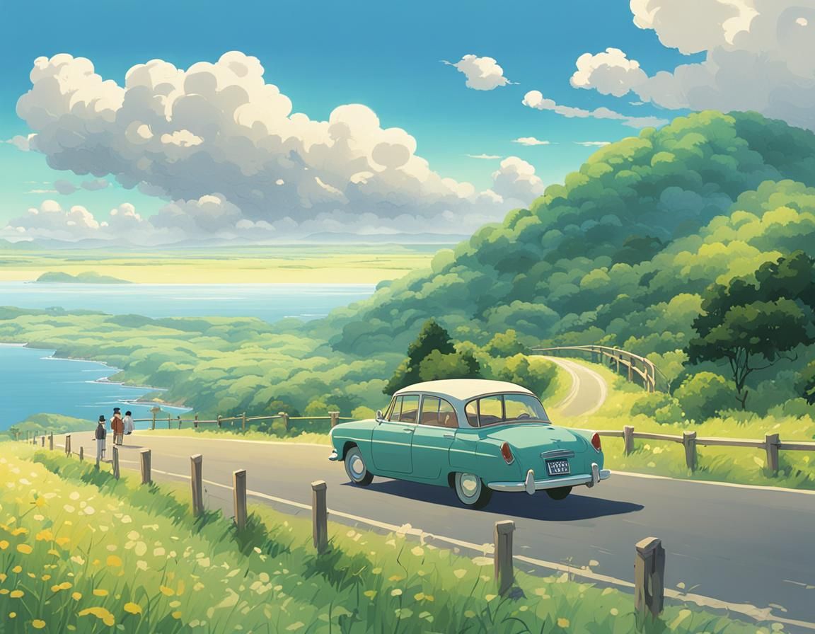 Nostalgic Family Road Trip in Anime Style