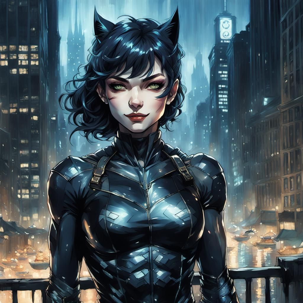 Anime Catwoman in Gotham, Photorealistic Art
