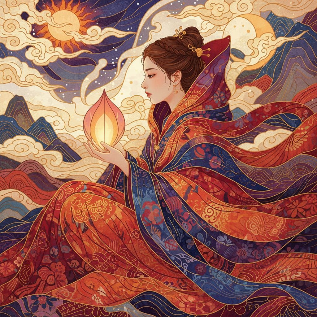 Serene Woman in Richly Patterned Garments, Golden Linework