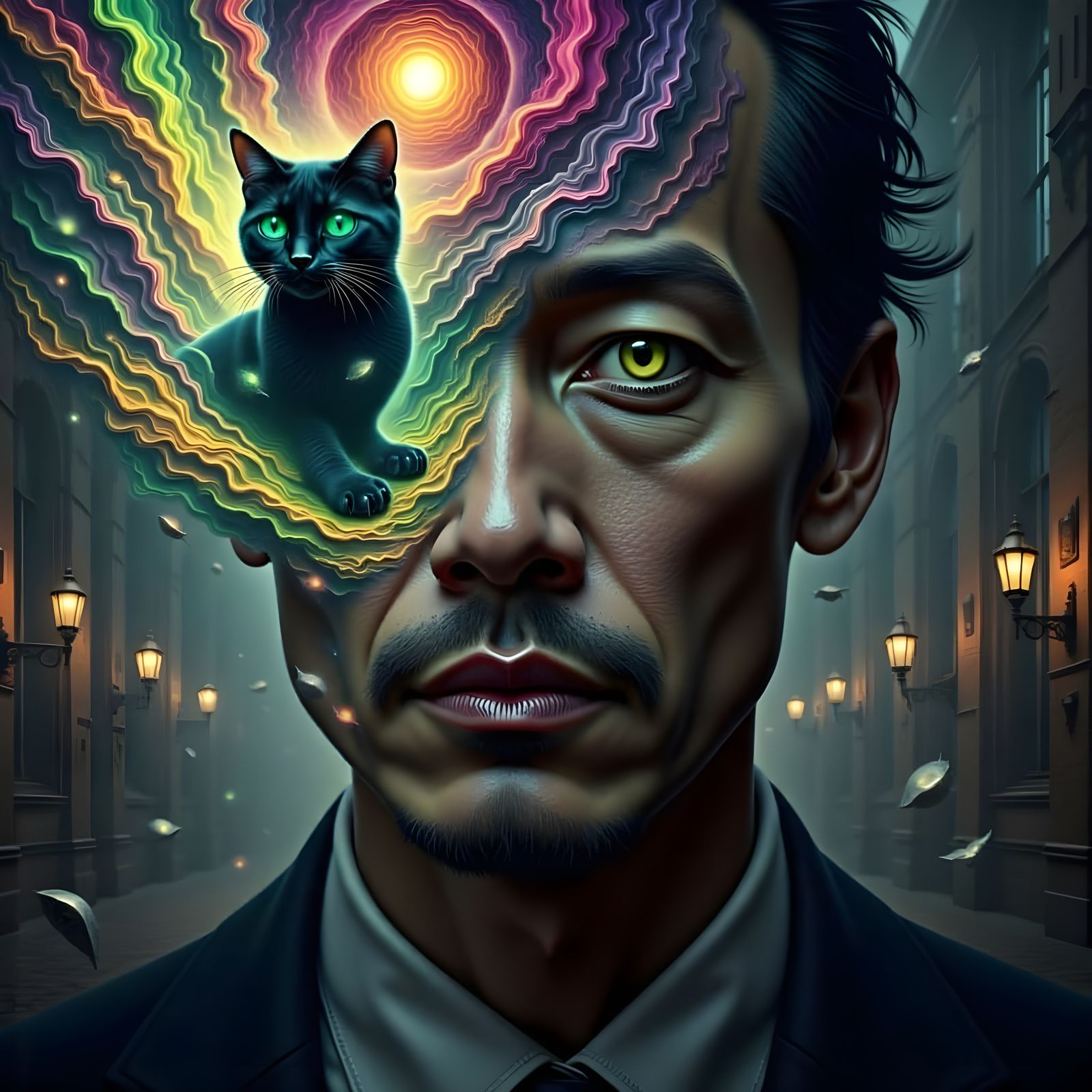 Kazuo Tanaka's Vision: Cat Overlay in Corrupted Eye