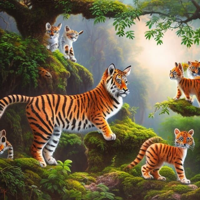 Baby Tigers Playing in a Lush Jungle