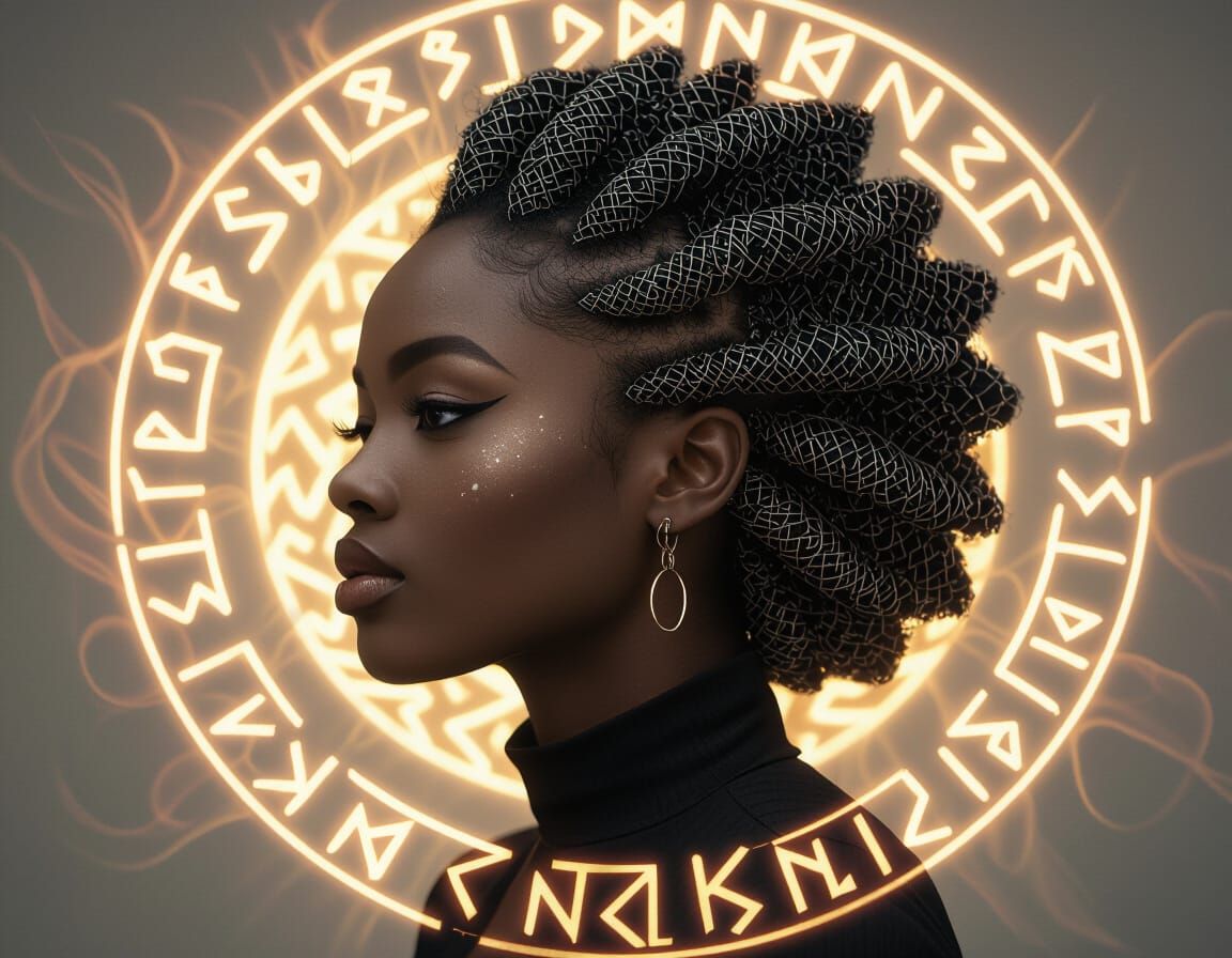 Metallic Haired Woman with Runes in Ember Light