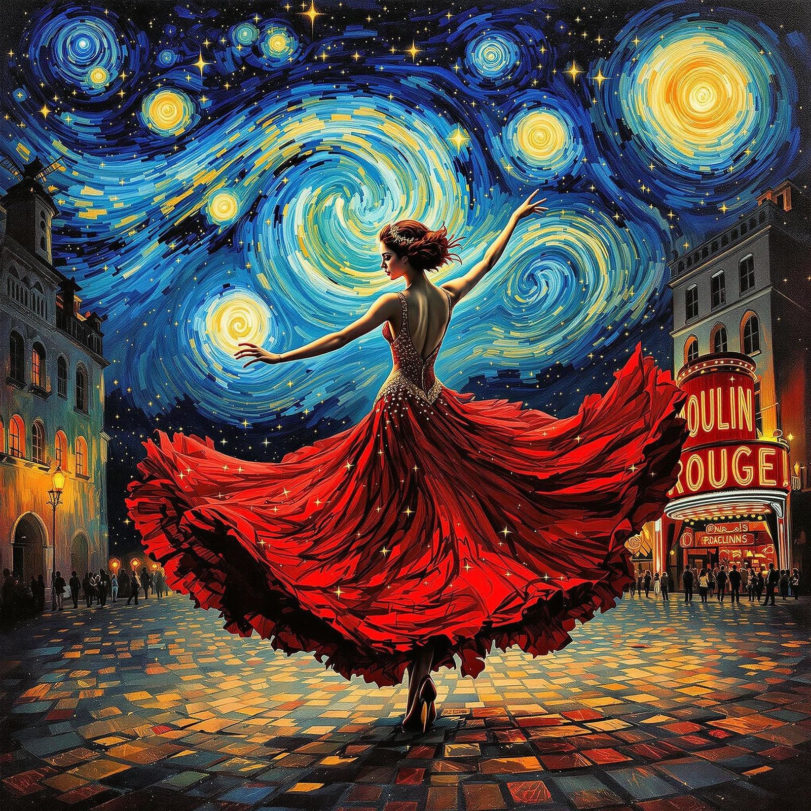 Ethereal Moulin Rouge Dancer Under Starry Parisian Sky