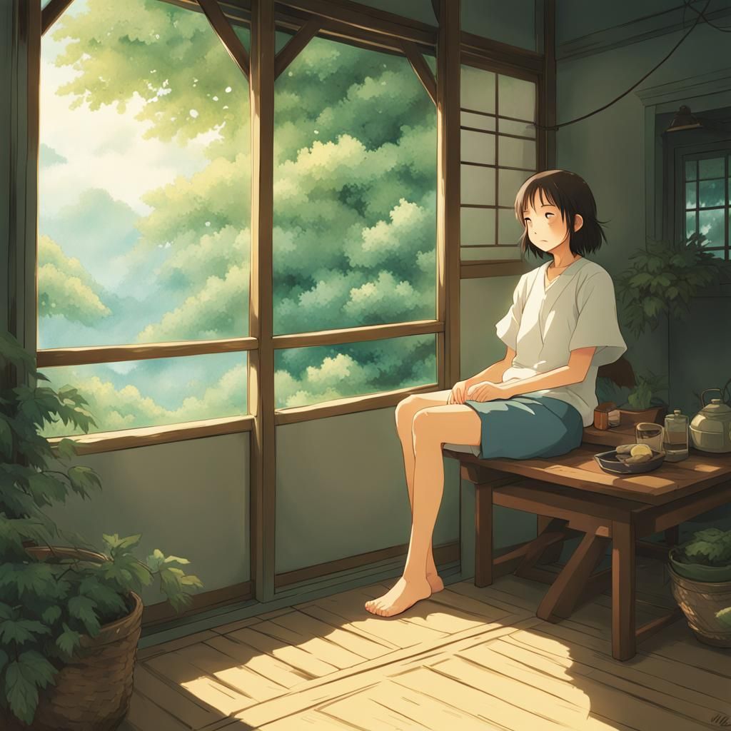 Relaxing Barefoot Girl in Anime Style