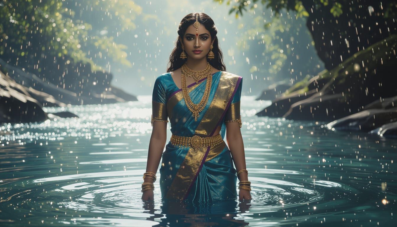 Celestial Indian Goddess in Shimmering Water