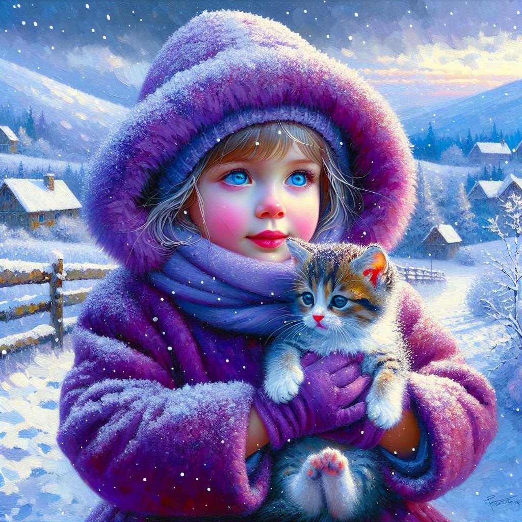Little Girl with Kitten in Winter Snow, Impasto Painting