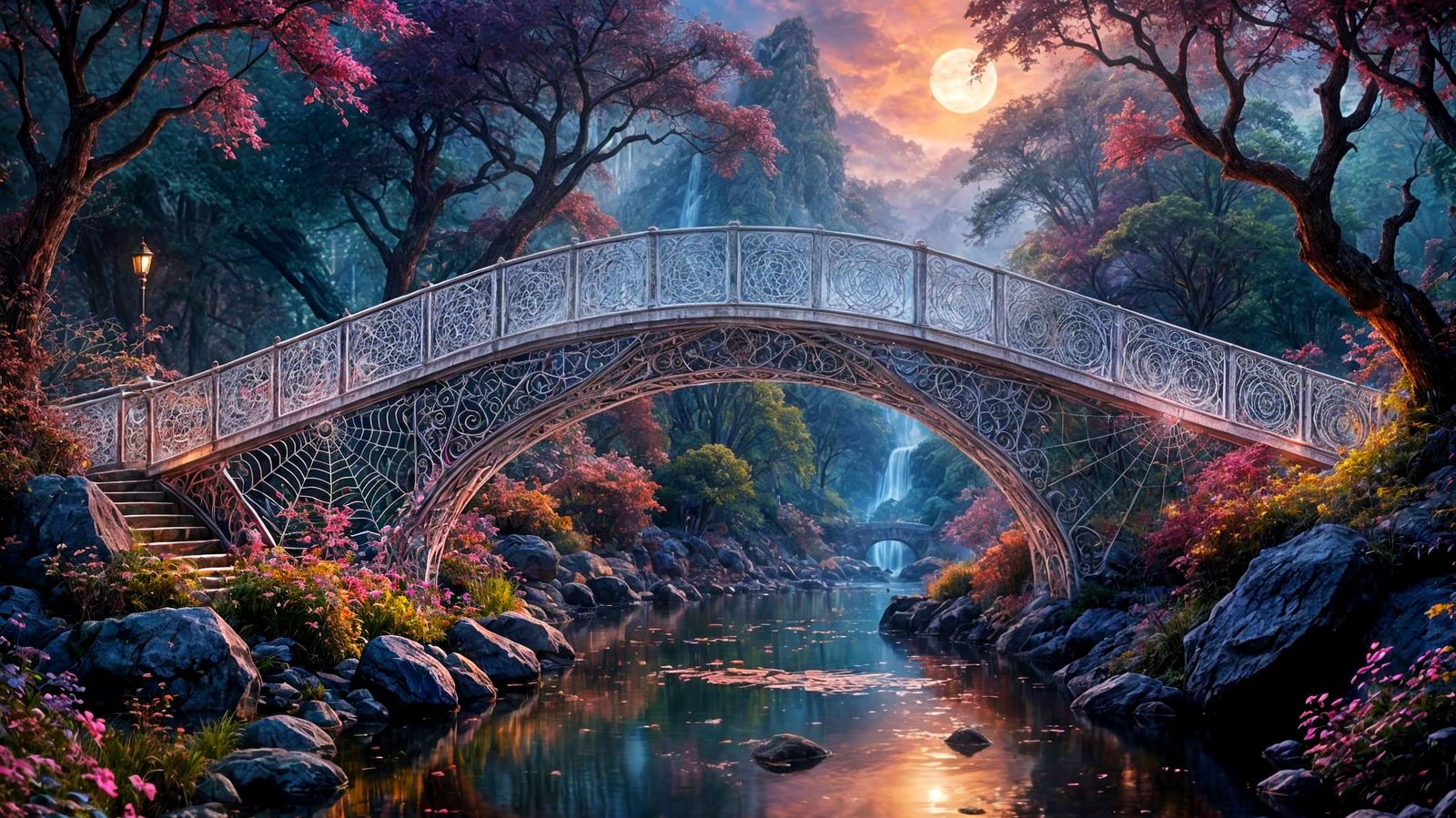 Fantasy Bridge with Crystal Vines in Ethereal Night Sky