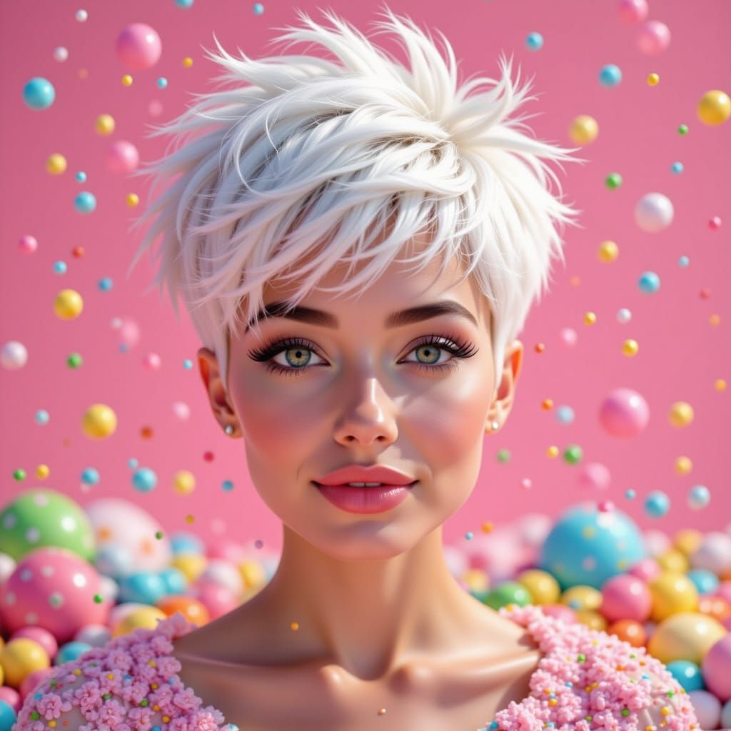 Whimsical Candy Art Masterpiece with Pixie Cut