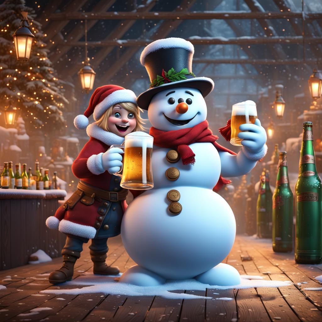 Santa vs Frosty: Beer Chugging Contest, Digital Art