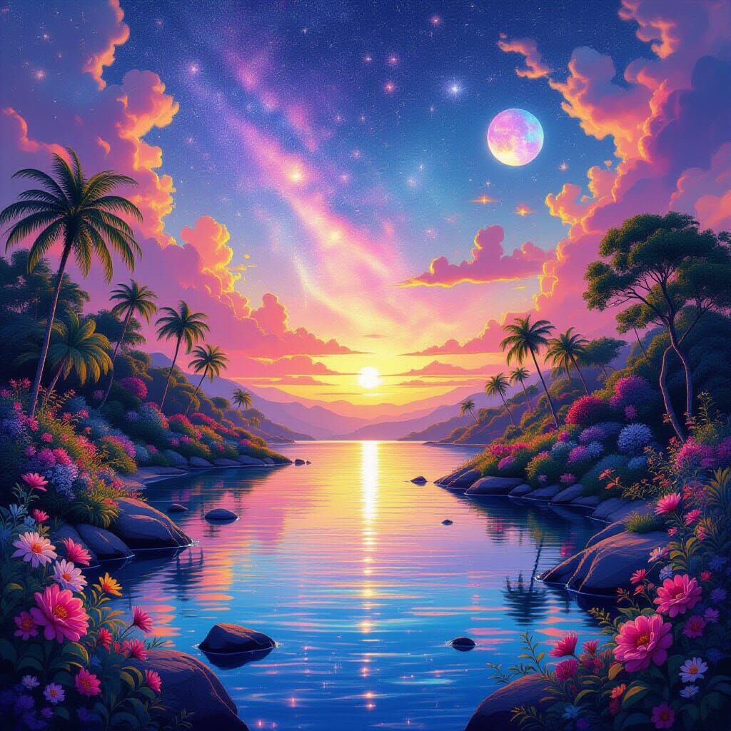 Cosmic Dusk in Pastel Oasis, Mixed Media Illustration