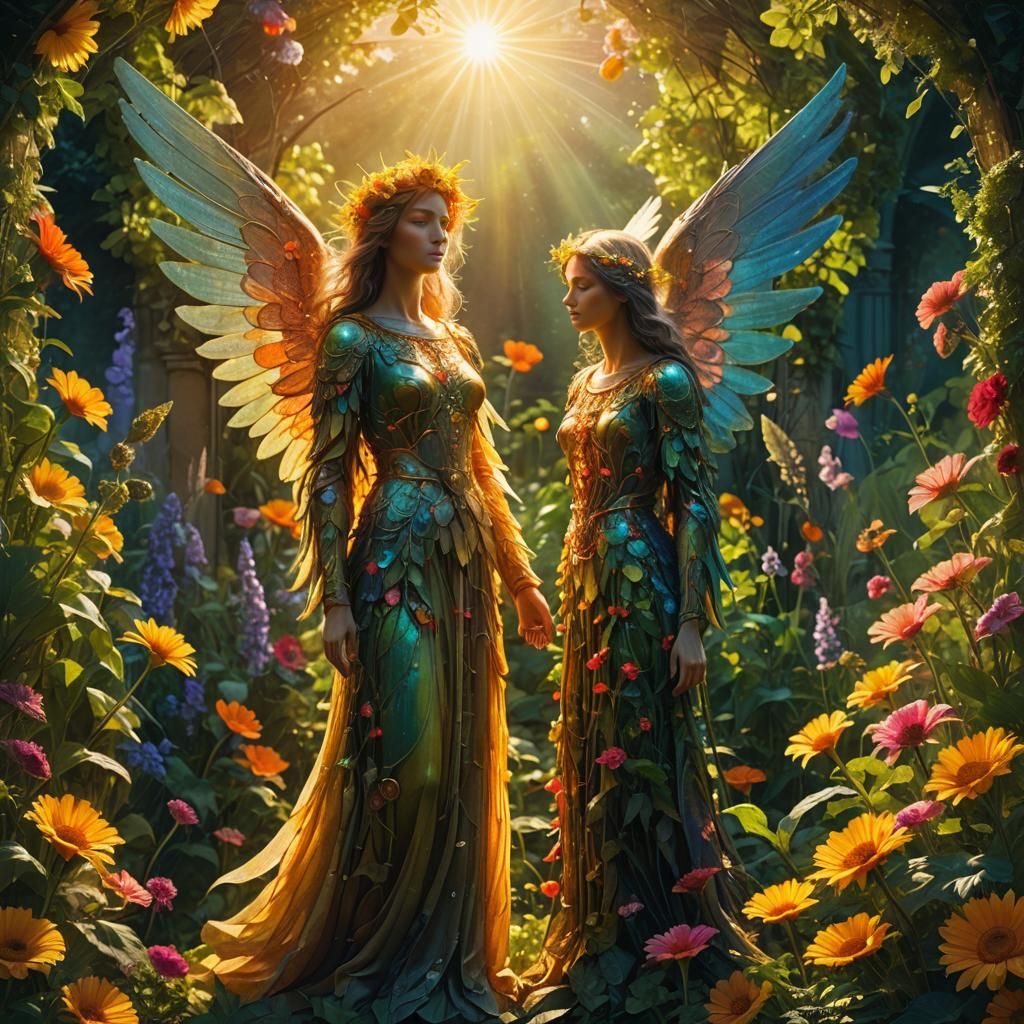 Radiant Sun Angel in Lush Garden: Fantasy Art