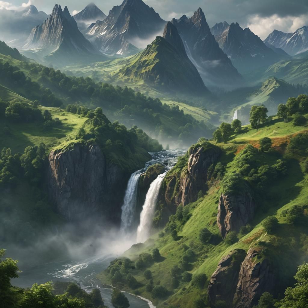 Majestic Mountain Peak and Serene Valley in Panorama