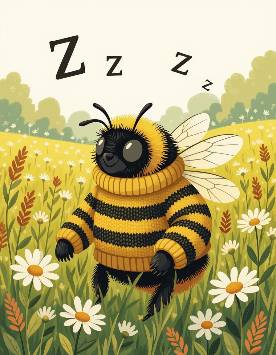 Sleepy Bee in Meadow, Whimsical Illustration