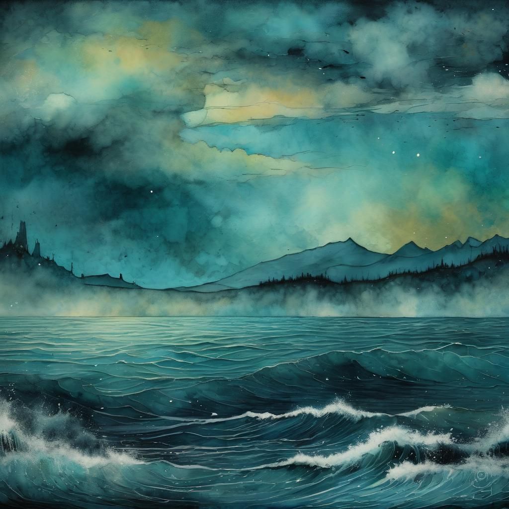 Blue and Turquoise Seascape in Gouache Style