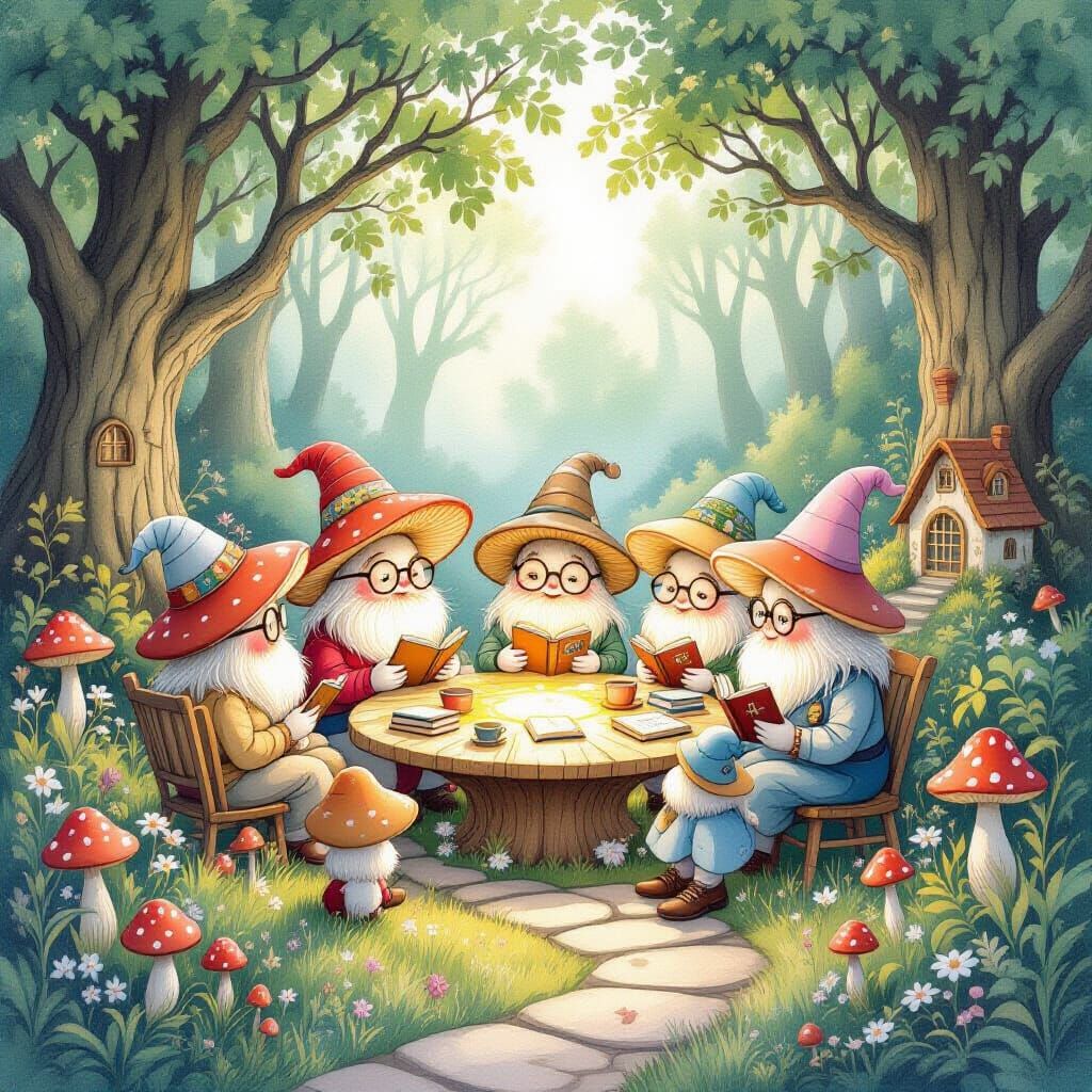 Sentient Mushrooms Gather in Hidden Grove, Watercolor Style