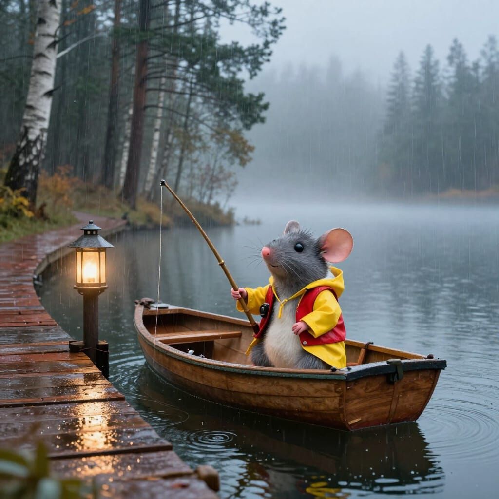 Mouse Fisherman in Gentle Rain