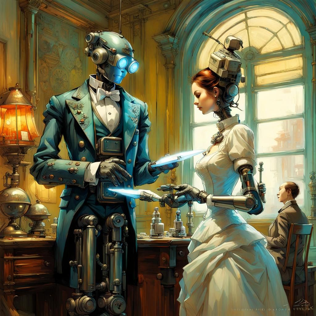 Steampunk Robot Butler Directs Maid: Hyperdetailed Fantasy