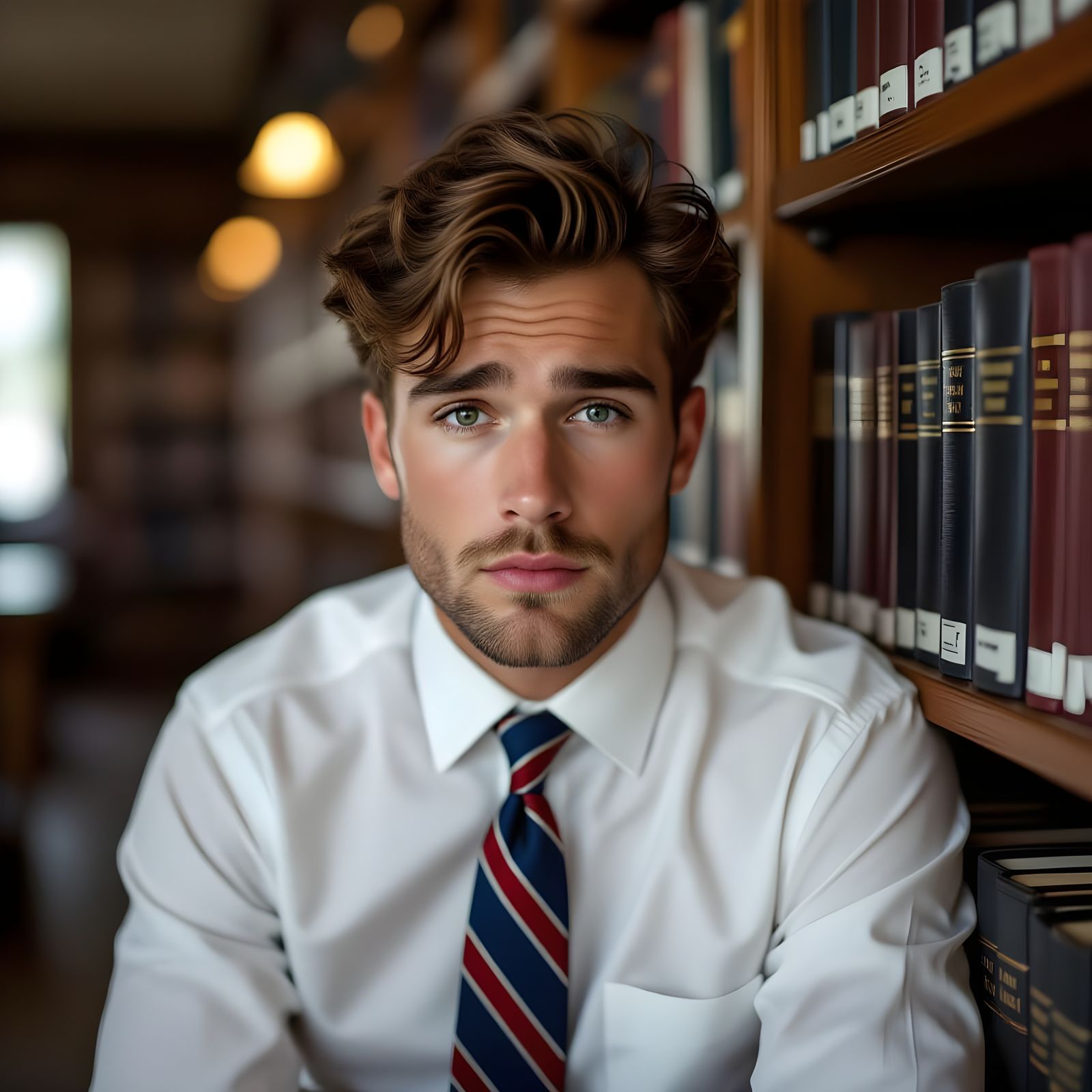 Exhausted Man Leans on Bookshelf in Library