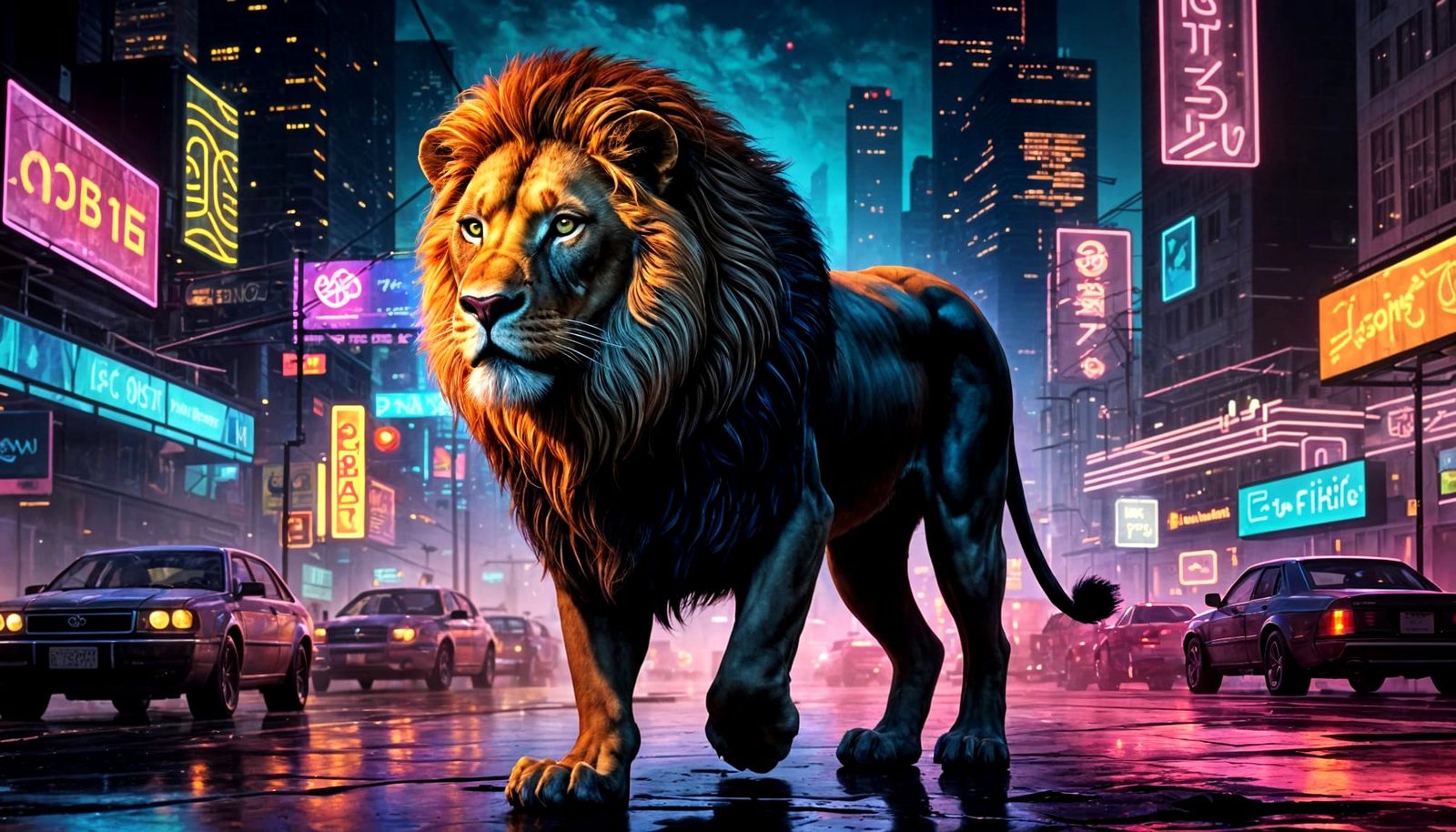 Cyberpunk Lion in Neon City, Gouache Painting