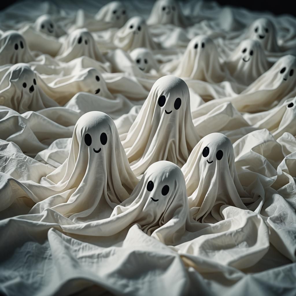 Cute Ghosts in Sheets Floating: Illustrated Cinematic Scene