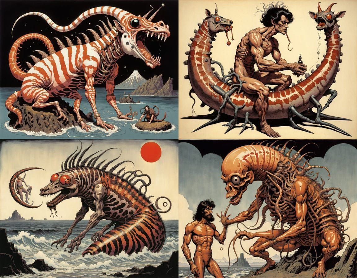 Ukiyo-e Hybrid Creature with Pulsing Brain