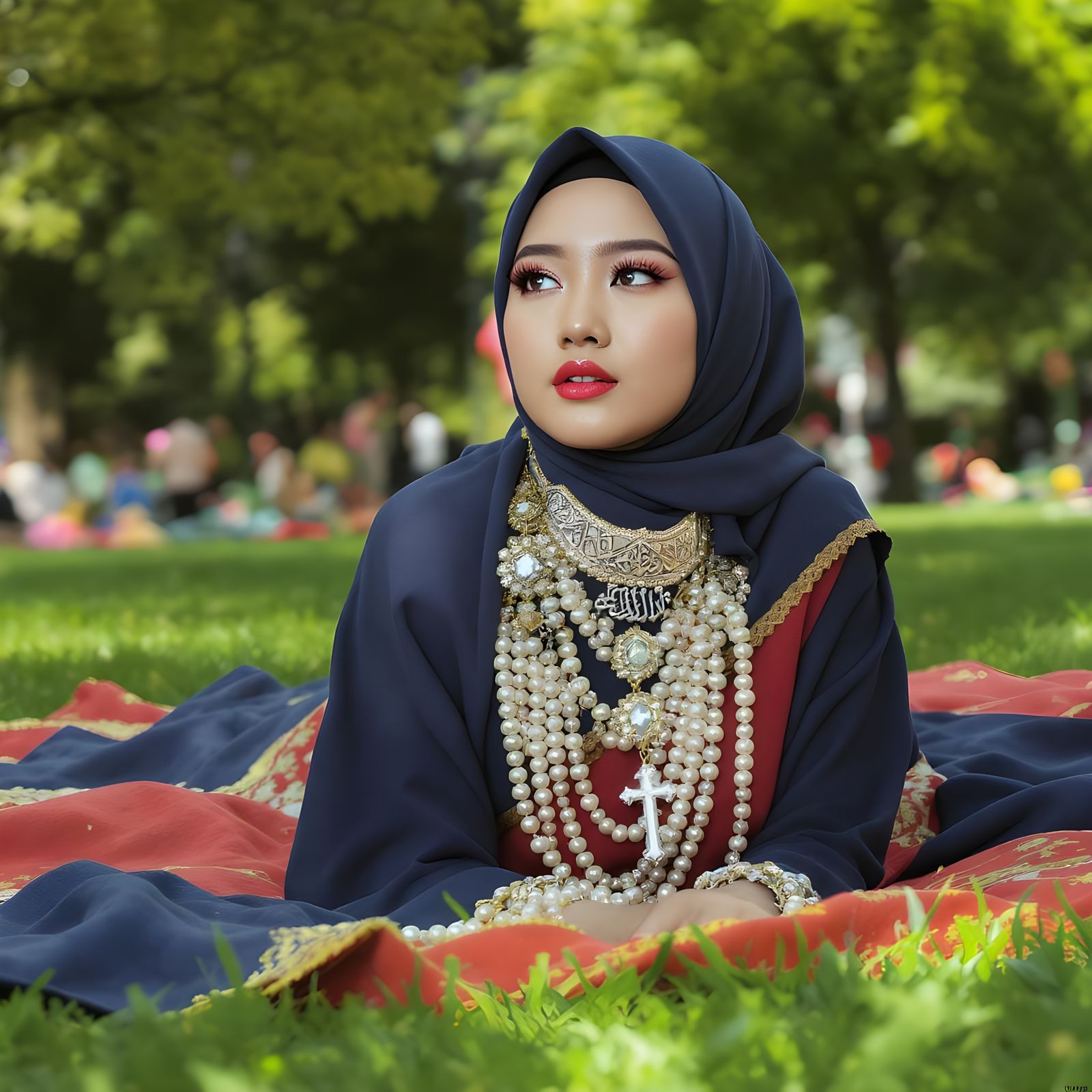 Woman in Hijab with Pearl Jewelry in Vibrant Park