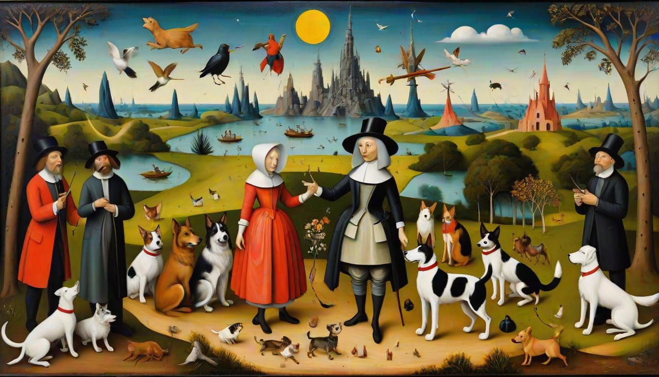 Dog Walking: Early Netherlandish Oil Painting
