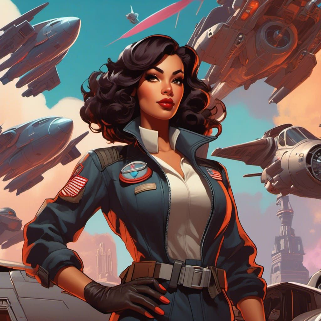 Cyberpunk Pilot Girl with Spaceships in Jules Chéret Style