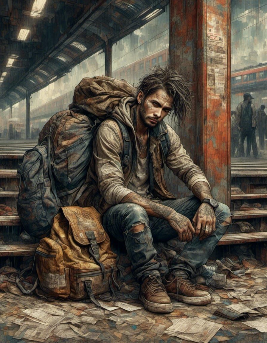 Homeless Man Sleeping Watched by Thief in Grunge Style