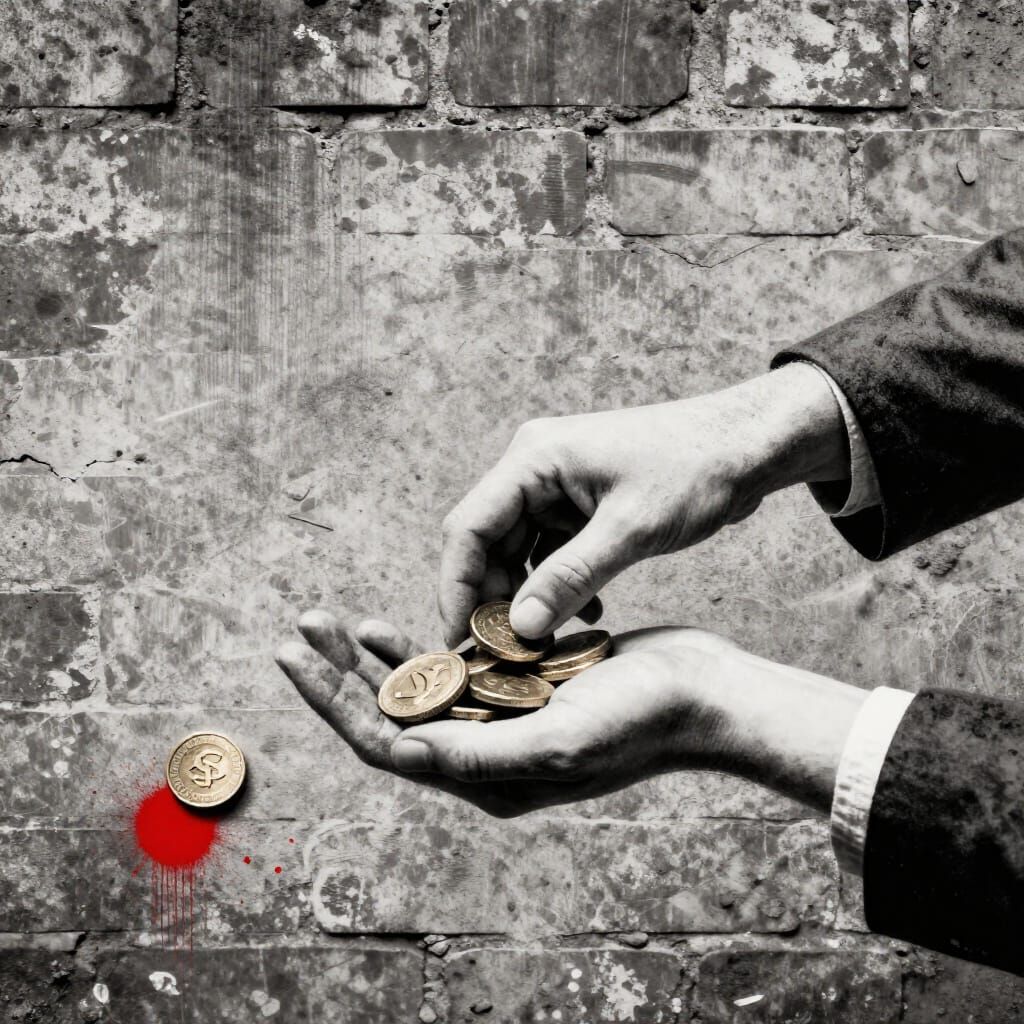 Stencil Art of Hand Grasping Gold Coins