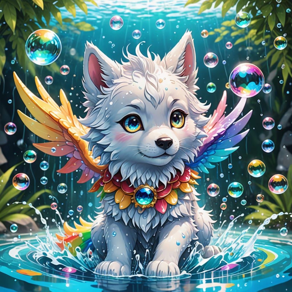 Vibrant Chibi Wolf Dragon in Pastel Paradise