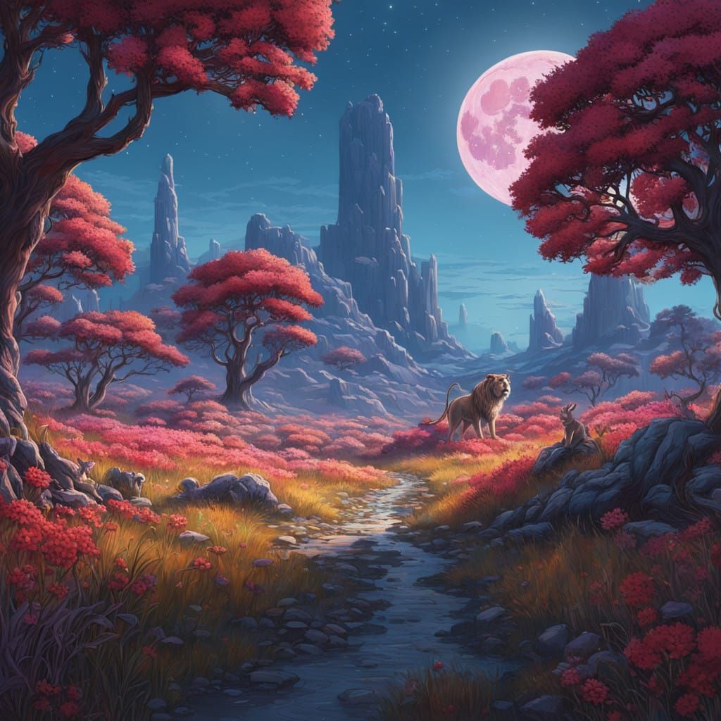 Majestic Lion and Friends Under Moonlit Celestial Showcase