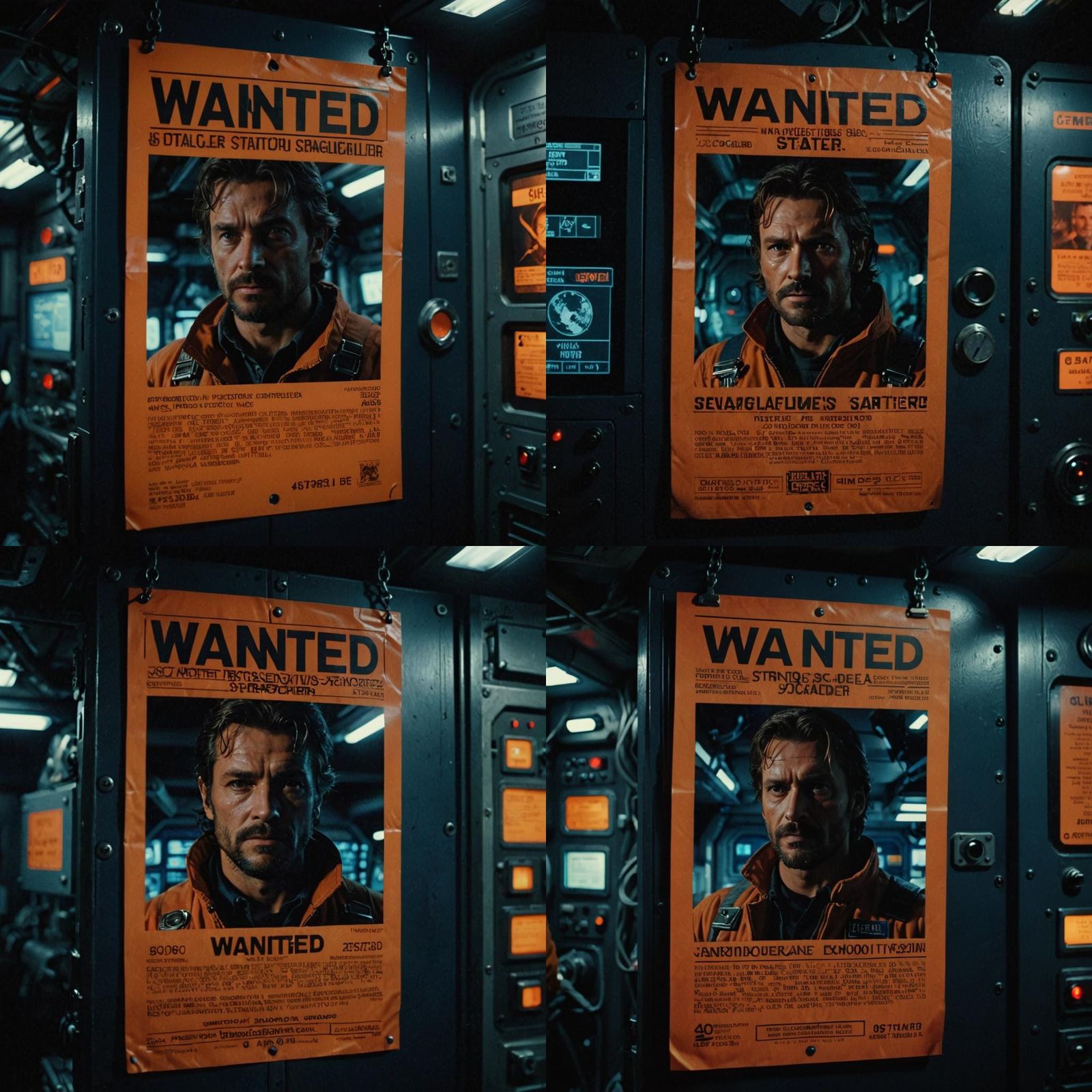 Cinematic film still. Medium shot. A wanted poster of a myst...